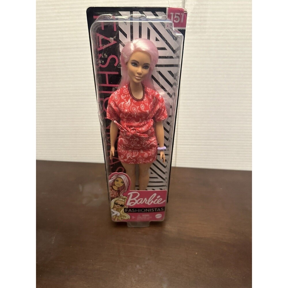 Barbie Fashionistas 151 Doll Curvy Pink Hair Red Paisley Dress